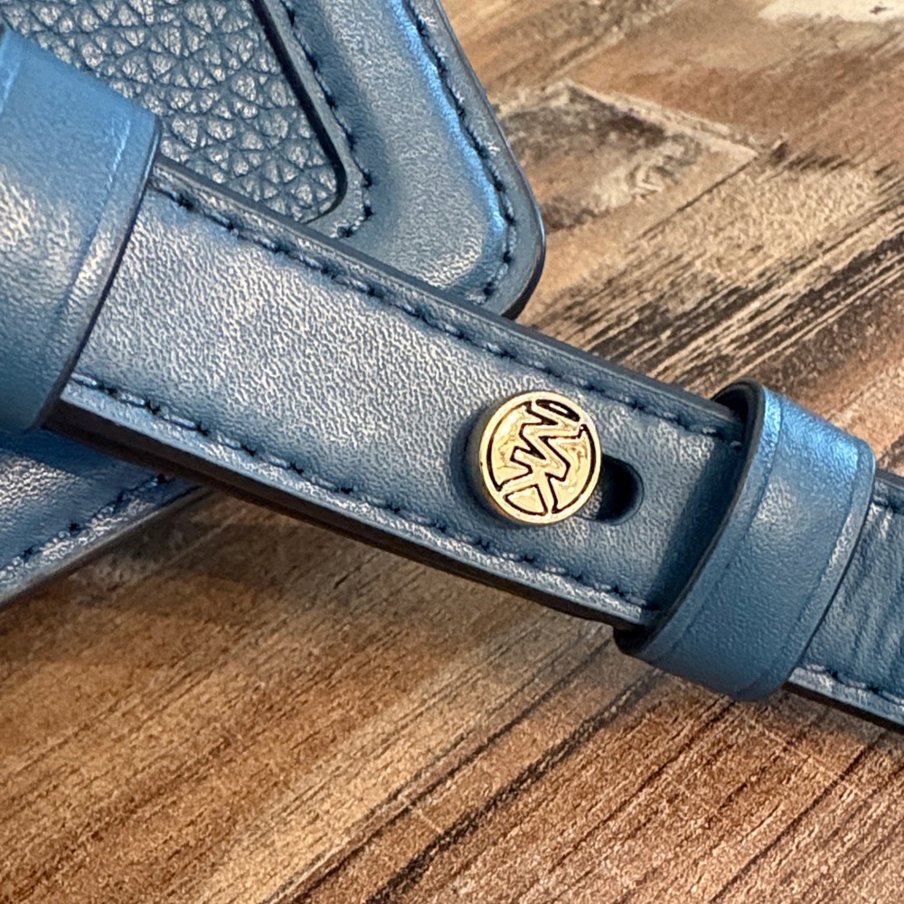 New Michael Kors Denim Blue Pebbled Leather Crossbody with Gold MK Emblem - Picture 6 of 10